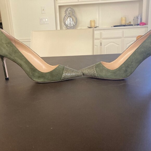 Manolo Blahnik Bipunta Leather Suede Olive Green Pumps Heels IOB EU 37.5 US 7 - Picture 7 of 16